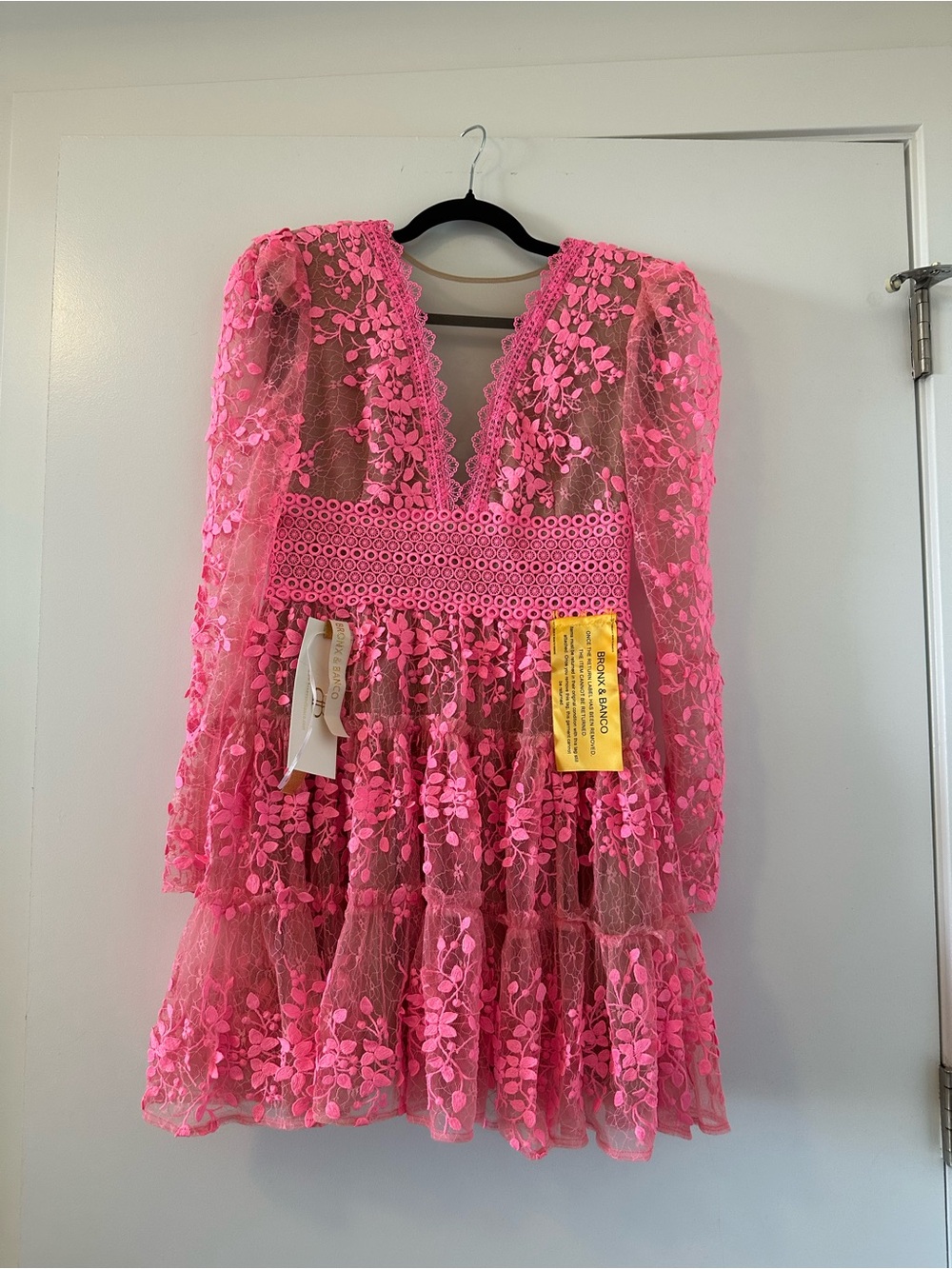 Bronx and Banco Hot Pink Floral Lace Tiered Mini Dress